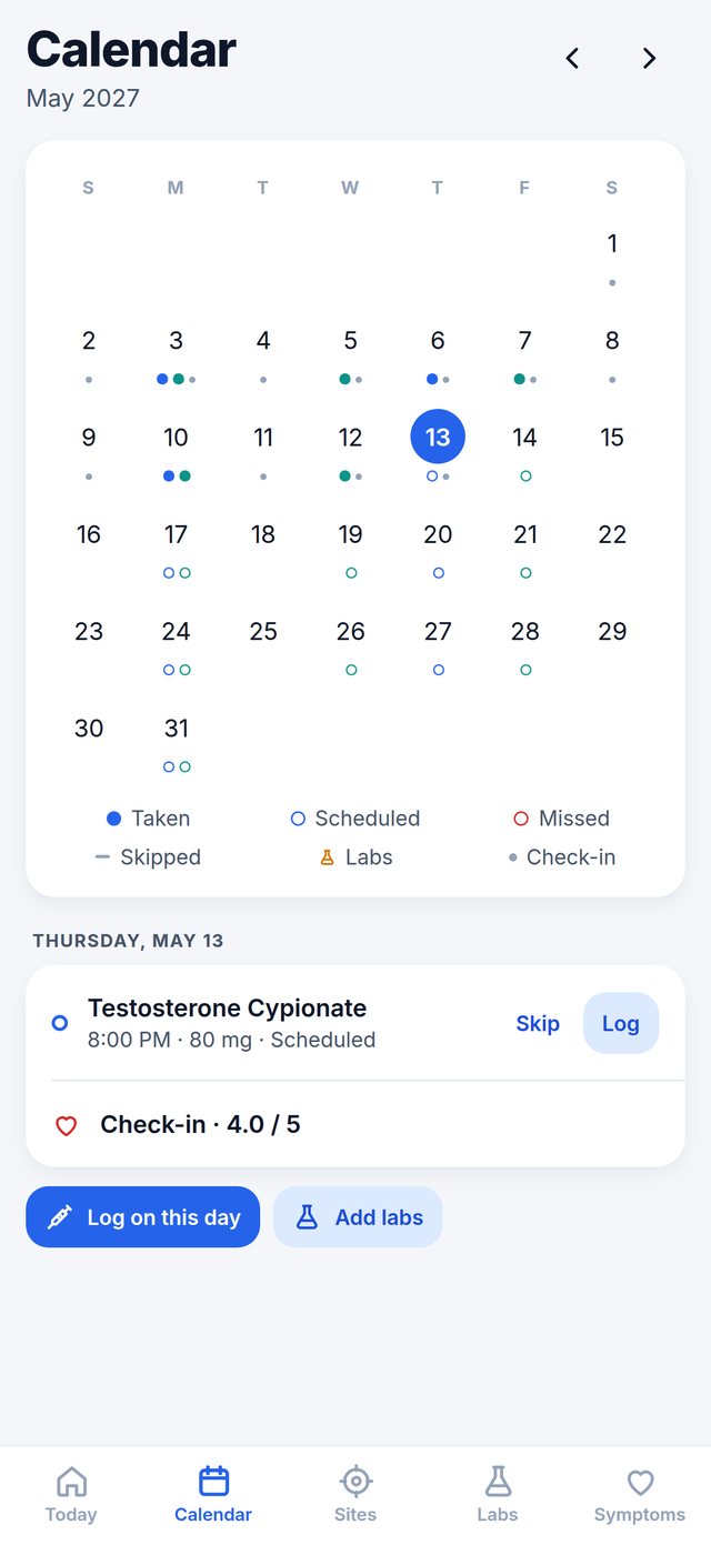 The calendar: every dose taken and scheduled
